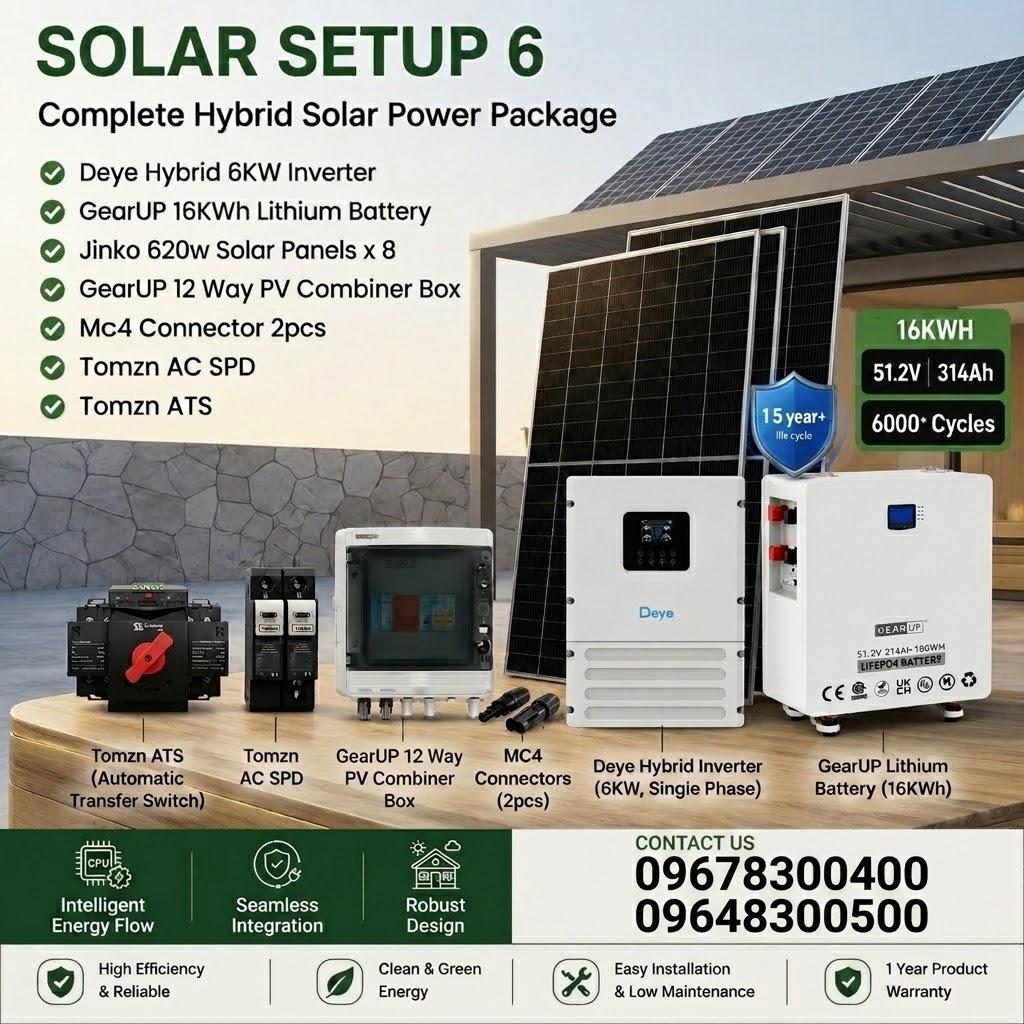 6KW Hybrid Solar Power Package | Deye Inverter with GearUP 16KWh Battery & Jinko 620w 8pcs Panels(Solar Setup - 6)