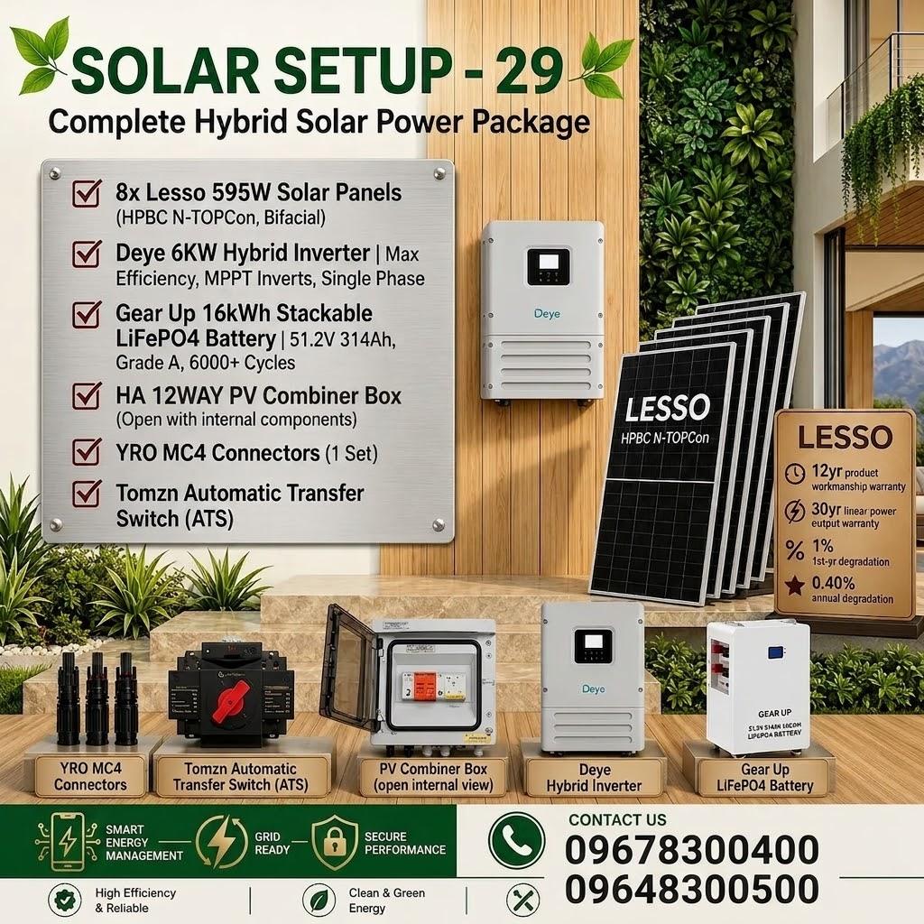 6KW Hybrid Solar Power Package | Deye 6KW Inverter with GearUP 16KWh Battery & Lesso 595W 8 pcs Panels (Solar Setup - 29)